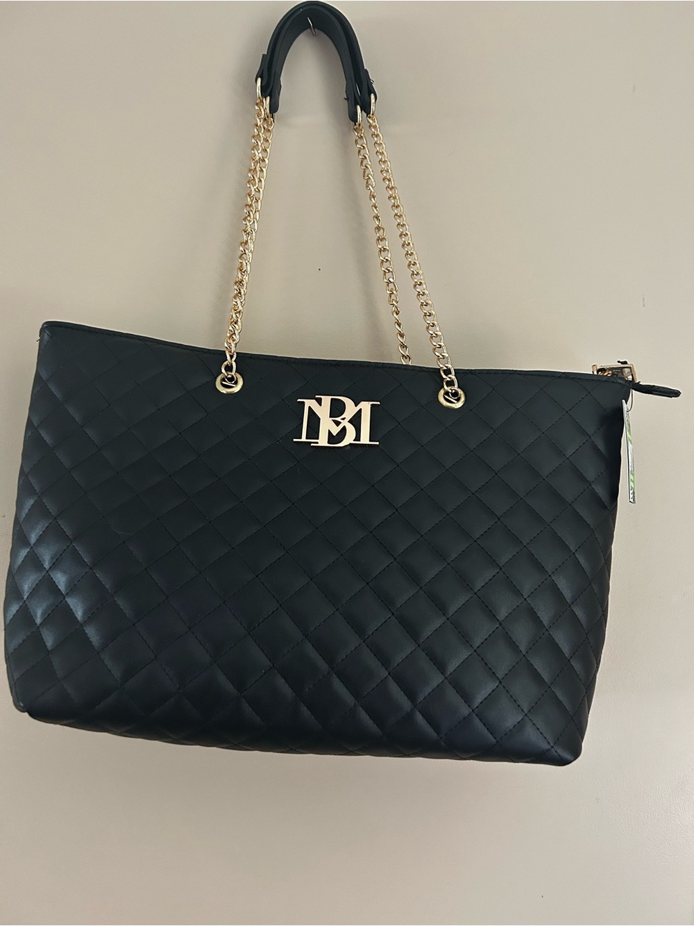 Mishka Black Quilted Tote with Gold Chain Straps and Logo